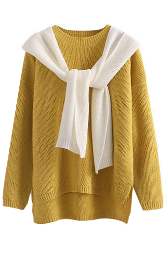 

Hooded Patchwork Scarf Detail Dip Hem Long Sleeve Sweater, Yellow