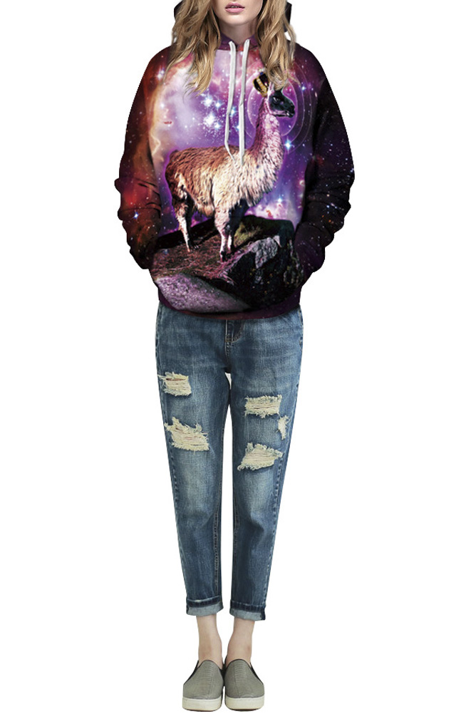 

Hooded Galaxy & Deer Print Loose Pullover Brown Sweatshirt