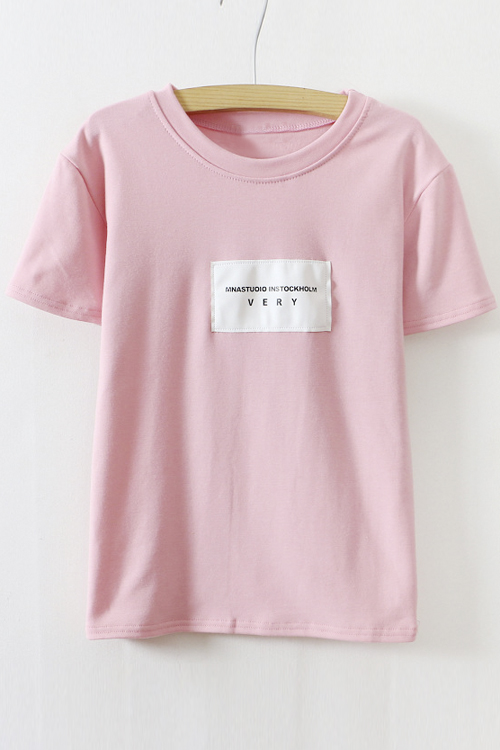 

Pink Round Neck Short Sleeve Letter Print Tee