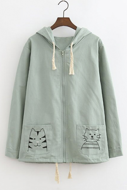 

Cute Drawstring Hooded Zipper Placket Embroidery Cartoon Animal, Green