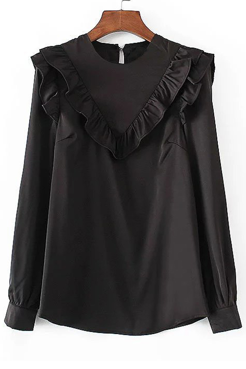 

New Arrival Ruffle Trim Design Round Neck Long Sleeve Hollow Out Back, Black