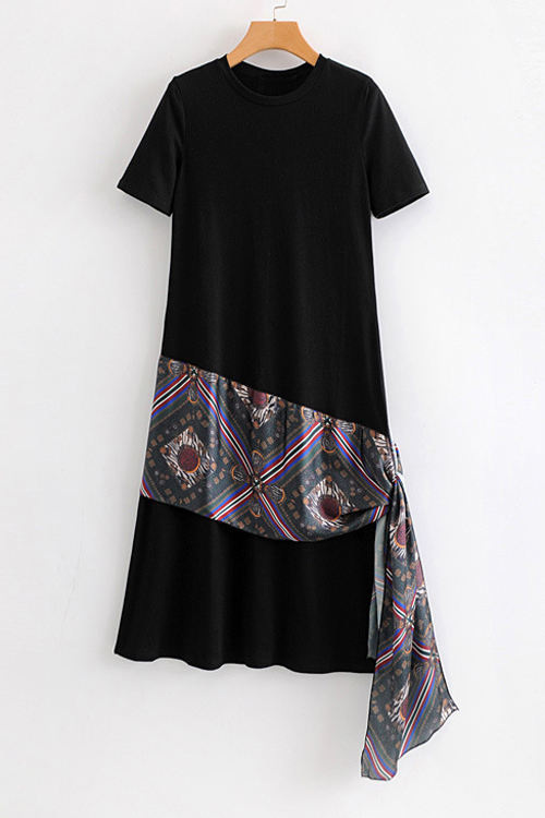 black short sleeve round neck patchwork dress