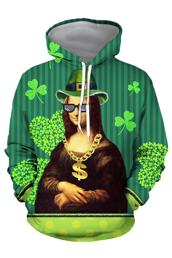 WANING MOON Mens 3D Printing Color Irish Clover Sweater Zip Hoodie 