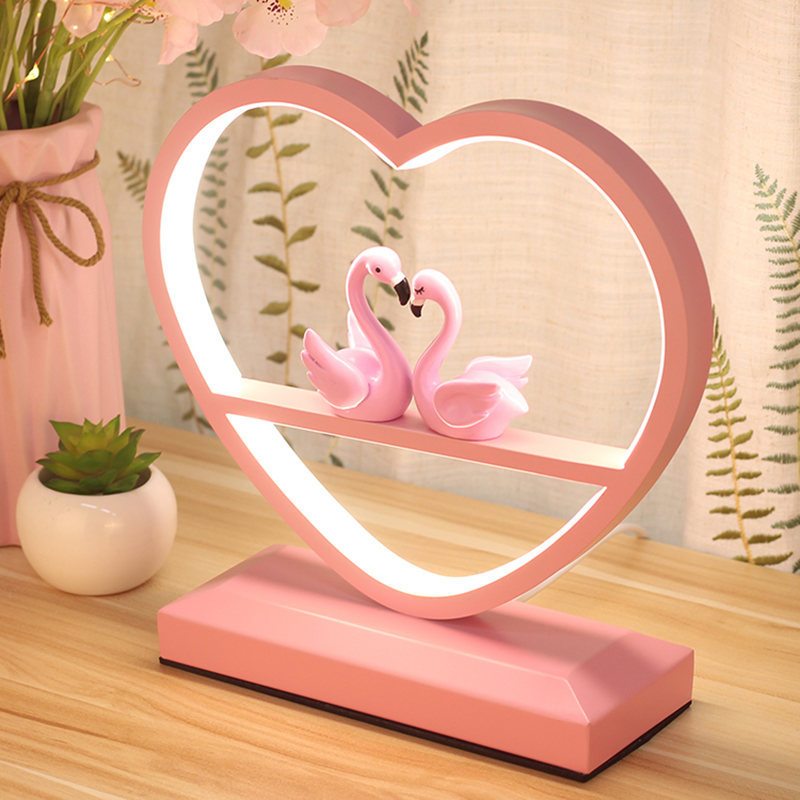 Loving Heart Aluminum Table Lamp Macaron Led Pink Nightstand Lighting With Double Flamingo Deco Beautifulhalo Com