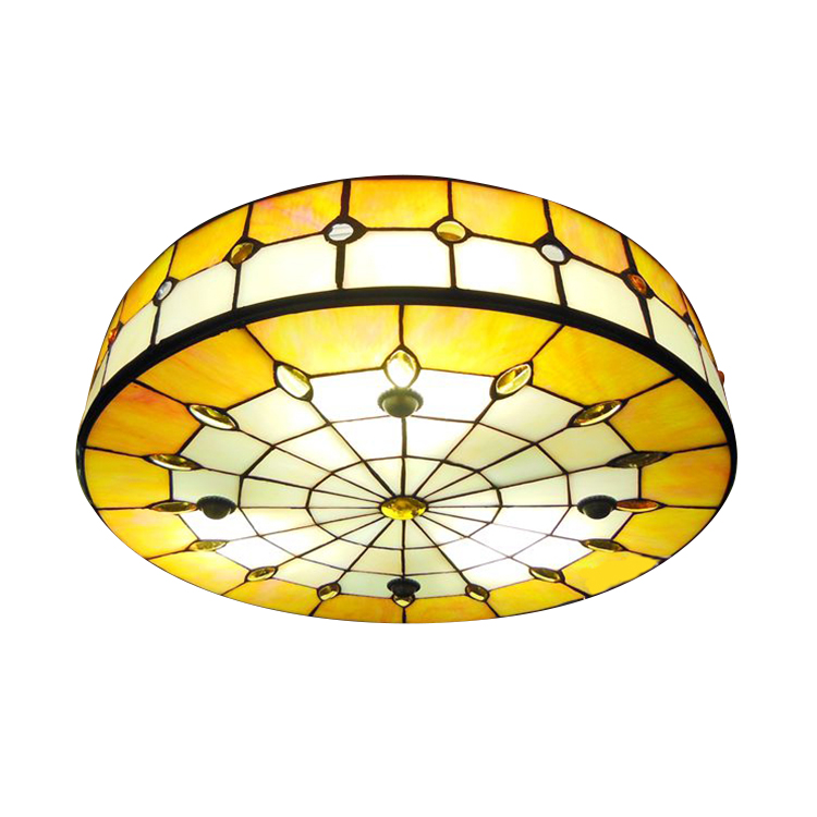 Round Shade Yellow Stained Glass Flush Mount Ceiling Light 3 Sizes For