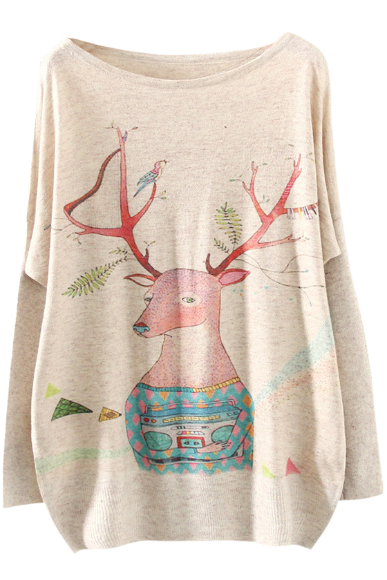 

Christmas Deer Print Long Sleeve Scoop Neck Sweater, Beige