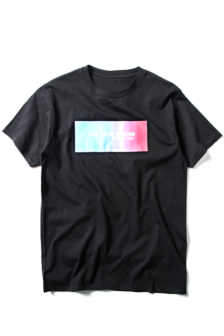 

Rainbow Color Letter Print Round Neck Loose Tee, Black