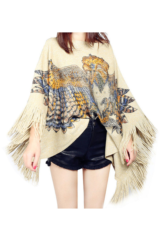 

Eagle Print Loose Oversize Tassel Hem Women's Cape Coat, Yellow