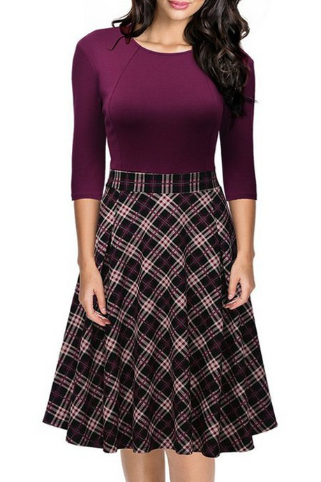 

Retro Style 3/4 Length Sleeve Plaid Contrast A-Line Midi Dress, Red