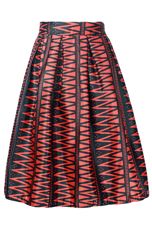 

Women's High Waist Print Pleated Skirt Midi Skater Skirt One Size, Red