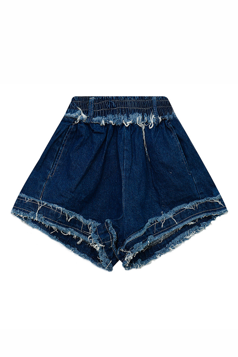 

New Fashion Elastic Waist Raw Edge Contrast Stitching Oversize Shorts, Blue