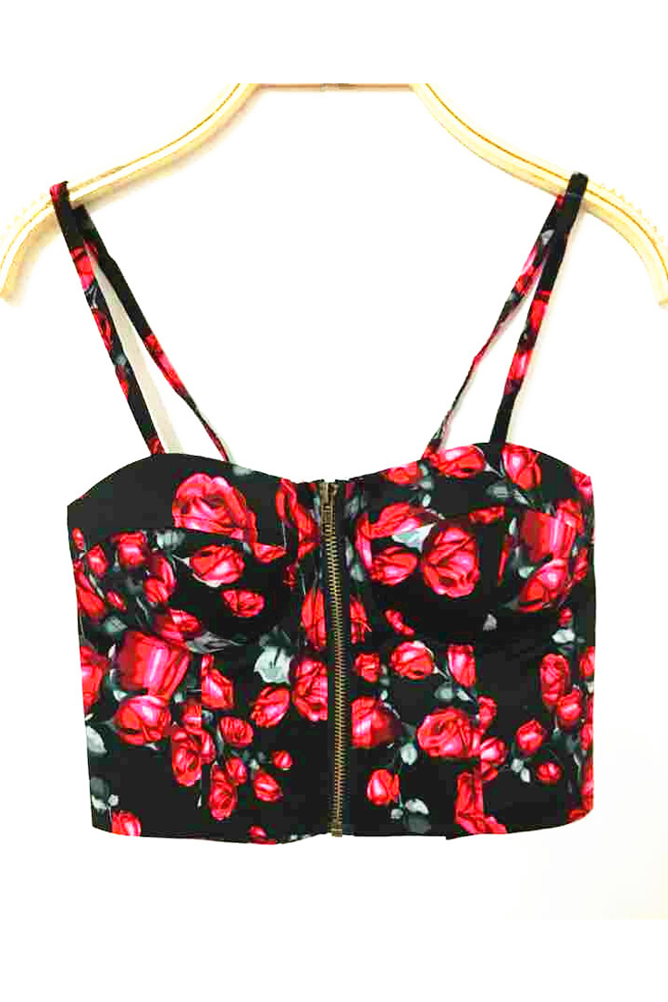 

Retro Floral Print Spaghetti Straps Zip Placket Cropped Padded Bra, Black