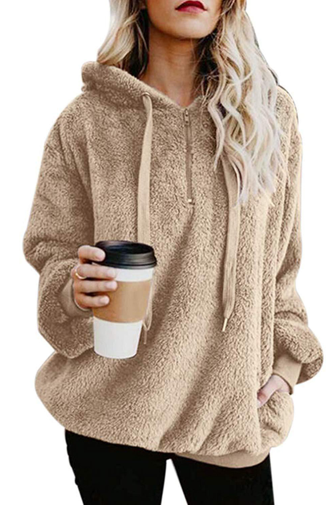 faux fur long sleeve plain loose hoodie