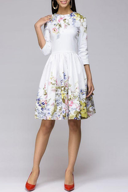 high neck 3/4 sleeve white mid length dresses