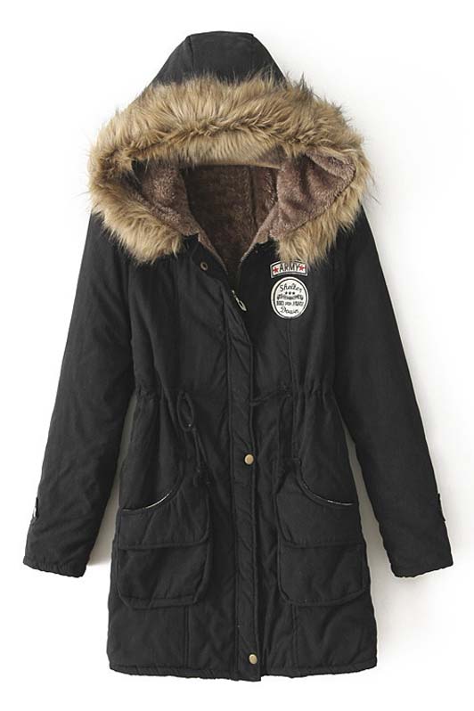 

Women's Fall Winter Drawstring Waist Zipper Front Hooded Coat, Black