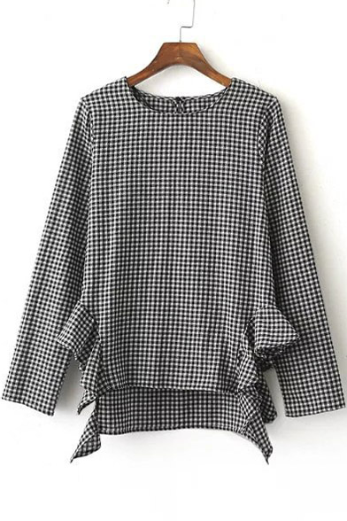 

Stylish Ruffle Detail Dip Hem Long Sleeve Plaid Blouse with Keyhole, Black