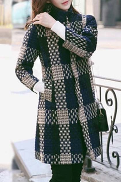 

Fashion Notched Lapel Plaid Single Breasted Tunic Coat with Long, Navy