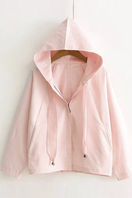 

Women's Basic Long Sleeve Zip Placket Solid Color Casual Hooded Coat, Pink