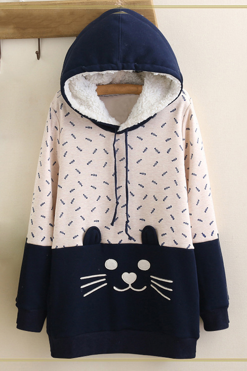 

Women's Cat Print Color Block Long Sleeve Casual Basic Hoodie, Beige