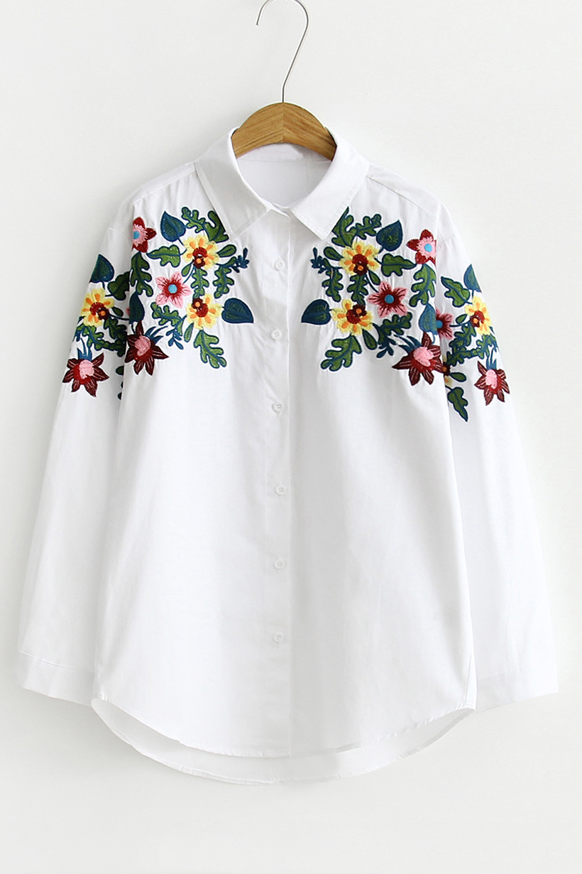 

Women's Floral Embroidery Lapel Single Breasted Long Sleeve Shirt, White