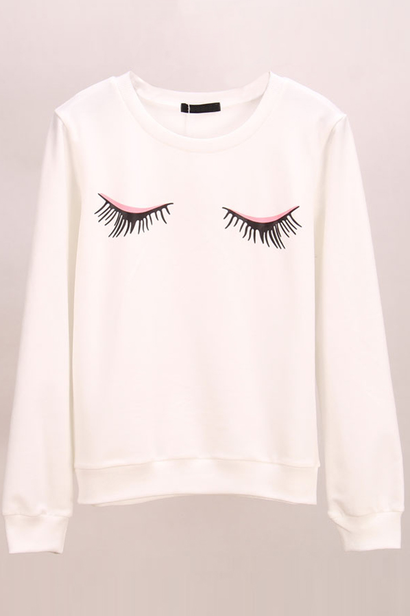 

Eyes Print Long Sleeve Round Neck Sweatshirt, White