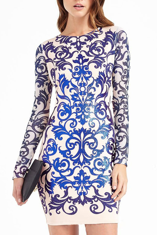 

Gilded Print Long Sleeve Bodycon Mini Dress, Blue