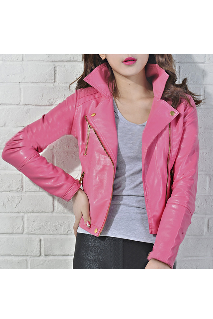 

Women's Faux Leather Lay Down Collar Motorcycle Jacket, Pink