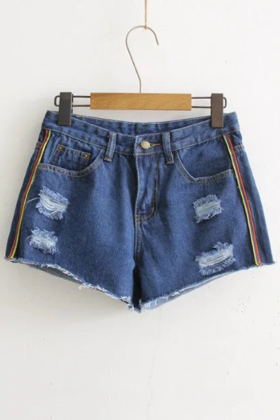 

Women's Striped Sides Ripped Front Denim Shorts, Blue