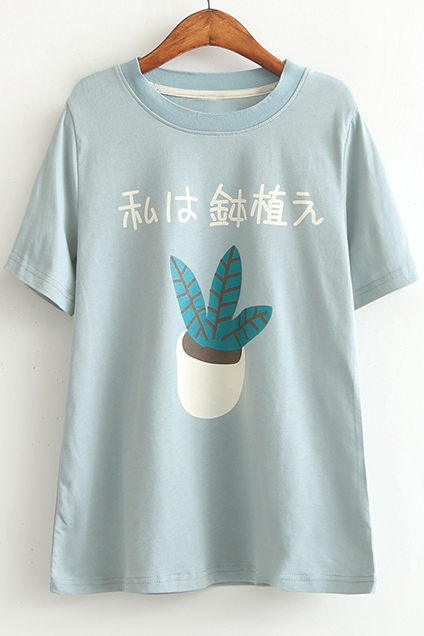 

Japanese Printed Round Neck Short Sleeve Summer's Cotton T-Shirt, Blue