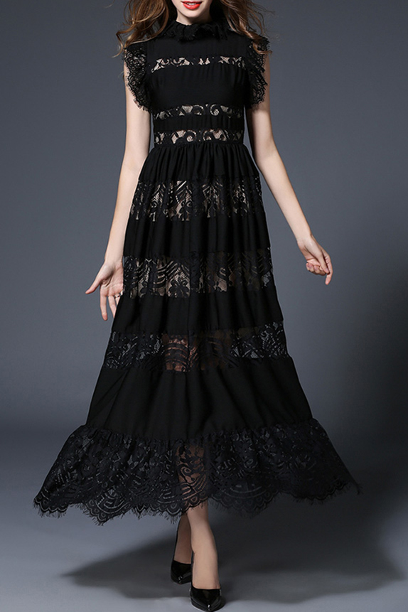 

Elegant Lace Inserted Hollow Out Ruffle Collar A-Line Plain Maxi Dress, Black