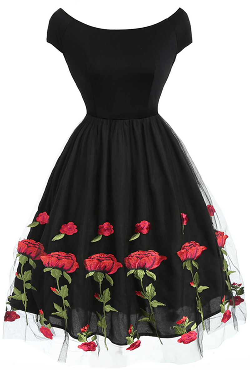 black dress with rose embroidery