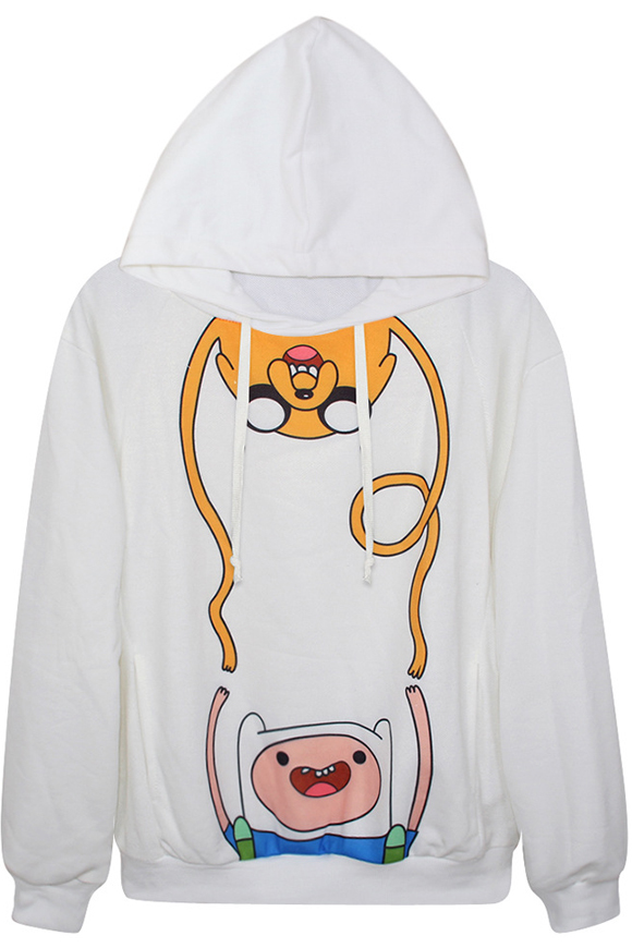 

Stylish Adventure Time Print Hoodie with Long Sleeve, White
