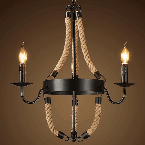

Industrial Aged Iron Black Finish Triple Light Chandelier with Manila