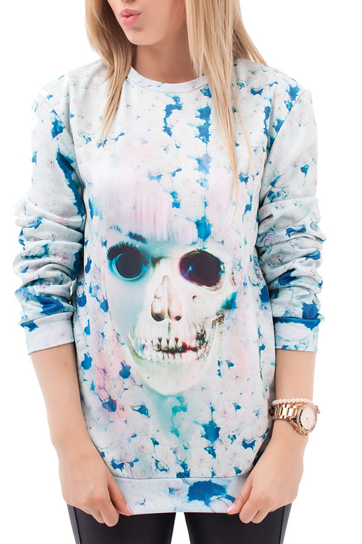 

Lady Skull Print Round Neck Long Sleeve Sweatshirt, White