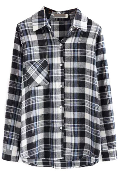 

Lapel Long Sleeve Plaid Single Pocket Shirt, Black