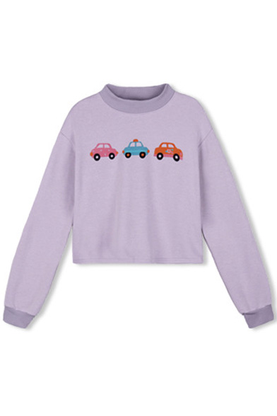 

Round Neck Long Sleeve Cropped Car Print Sweatshirt, Purple