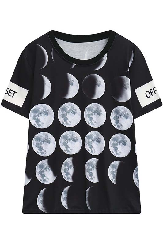 

New Letter Moon Print Short Sleeve Tee with Round Neck, Black