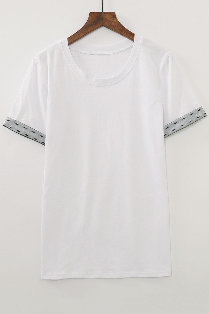 

Women's Lace Short Sleeve Round Neck Casual Loose Cotton Tee, White