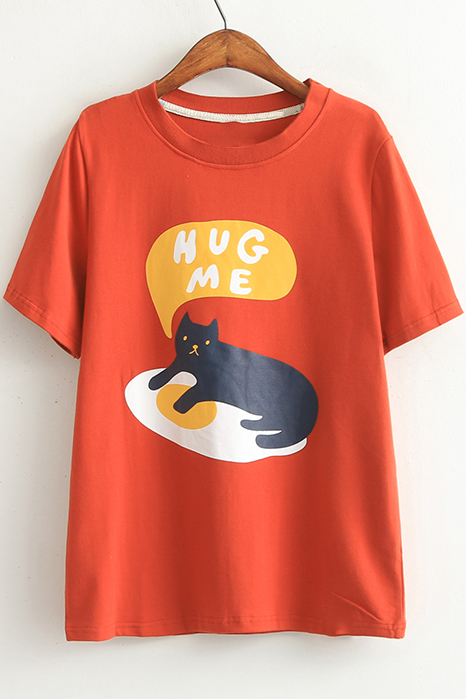 

Lovely Cartoon Cat Egg Printed Round Neck Short Sleeve Summer's, Orange