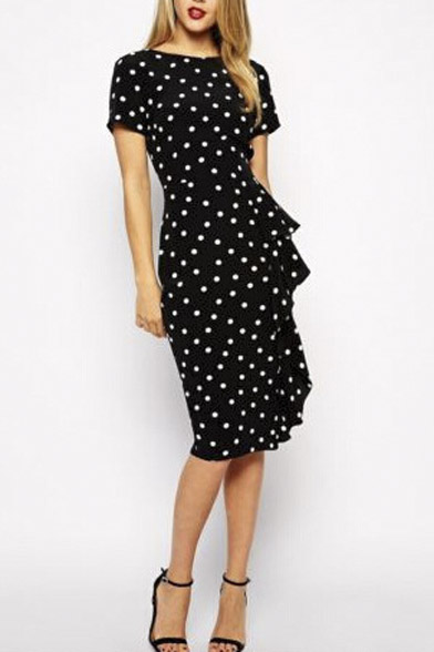 

Retro Style Polka Dots Short Sleeve Split Back Hem Round Neck Midi, Black
