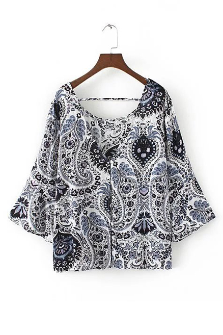 

Retro Open Back Scoop Neck Flared Sleeve Floral Printed Relaxed Blouse, Blue