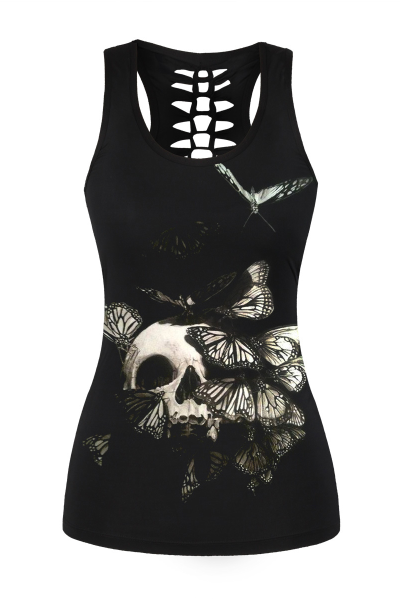 

Butterfly Skull Pattern Hollow Out Back Chic Scoop Neck Slim Tank Top, Black