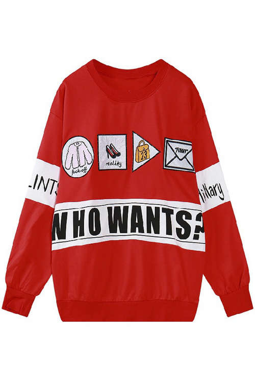 

Color Block Letter & Cartoon Print Loose Round Neck Sweatshirt, Red