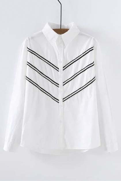 

Trendy Lapel Single Breasted Striped Long Sleeve Shirt, White