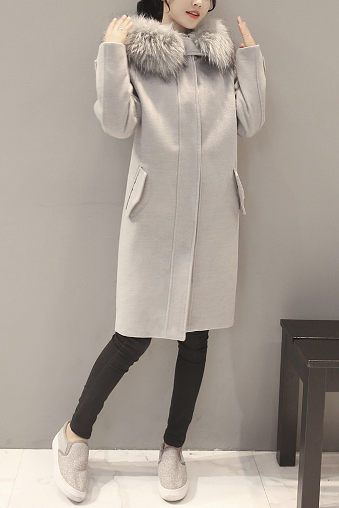 

Women's Chic Fur Hooded Single Breasted Tunic Plain Coat with Two, Gray