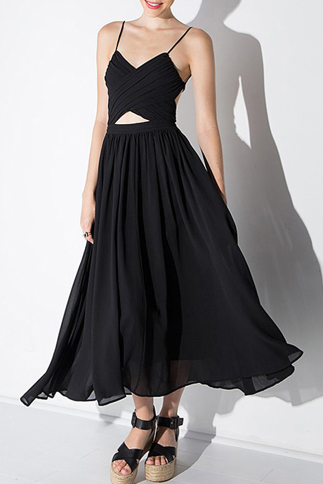 

Sexy Open Tied Back Spaghetti Straps Sleeveless Maxi Chiffon Cami, Black