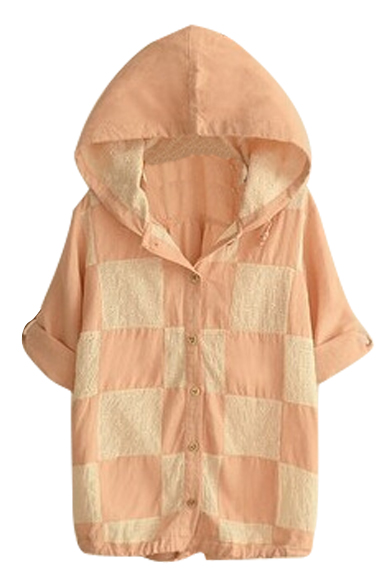 

Hooded Single Breasted Long Sleeve Plaid Color Block Coat, Pink