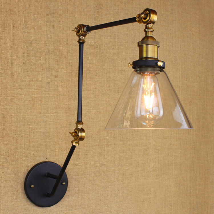 

Industrial Style Adjustable Wall Sconce with Clear Cone Shade in Black