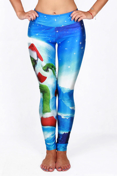 

Stylish Active Christmas Digital Print Leggings, Blue