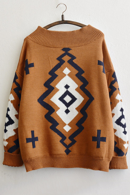 

Retro Style Boat Neck Geometric Pattern Color Block Sweater, Khaki